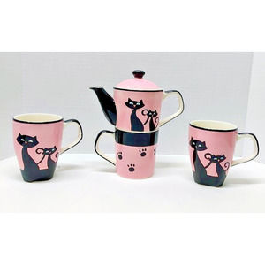 RARE Discontinued Hues N Brews Teapot Catitude Coffee & Cup Stacker 4Pc Set Pink